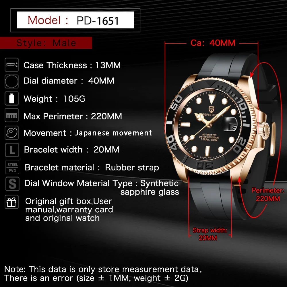 2023 PAGANI DESIGN New Luxury Men Mechanical Wristwatch Stainless Steel Sapphire Automatic Watch 100M Waterproof  Clock